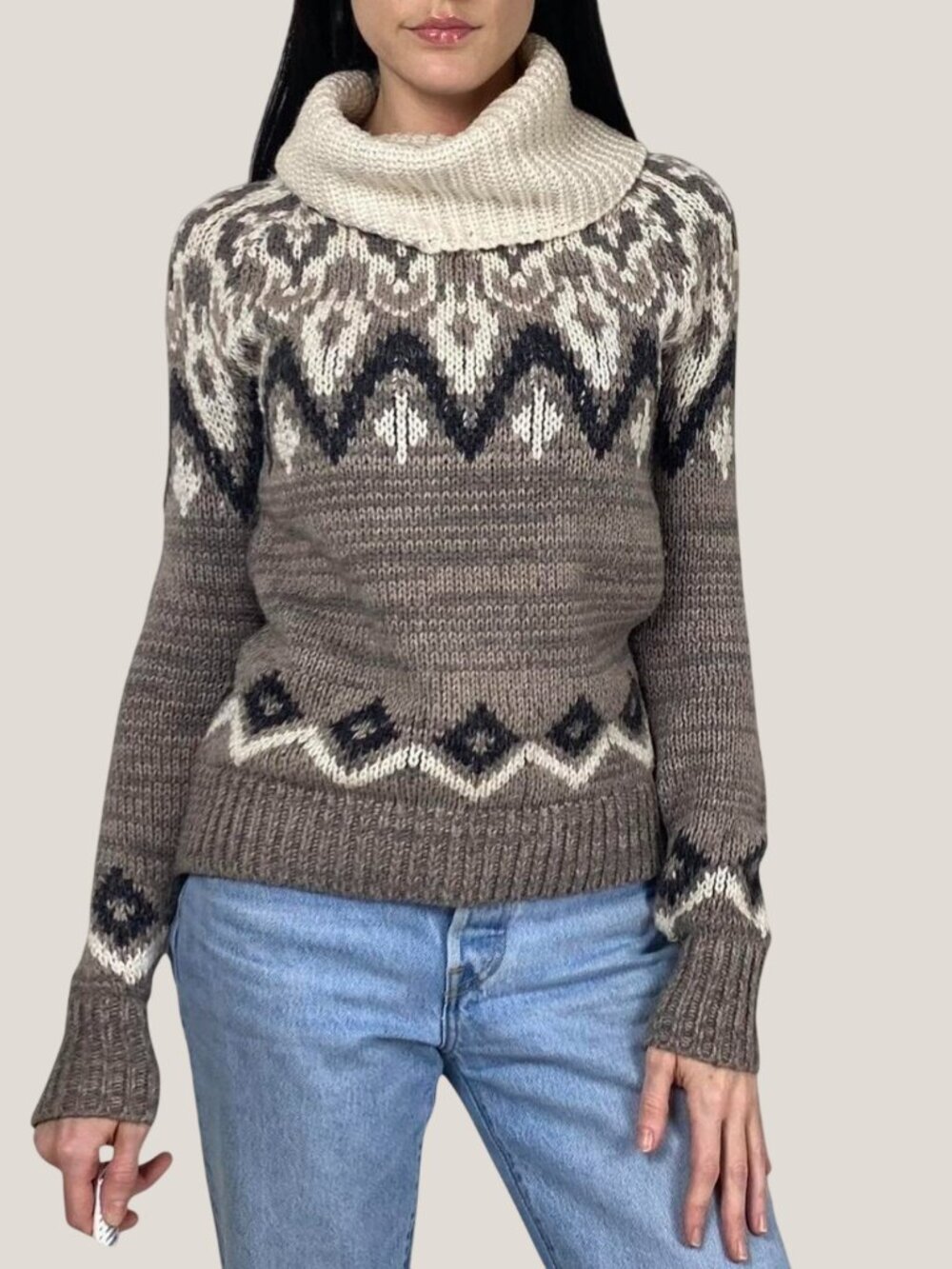 Abercrombie & Fitch Fair Isle Turtleneck Sweater Vintage Long Sleeve Grey Medium